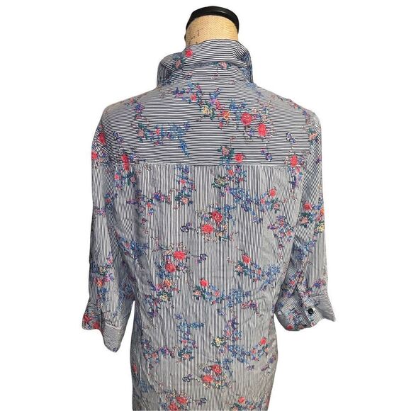 Suzanne Betro Long Sleeve Gray Striped Floral Design Waist Twist High Low Dress - Picture 8 of 11